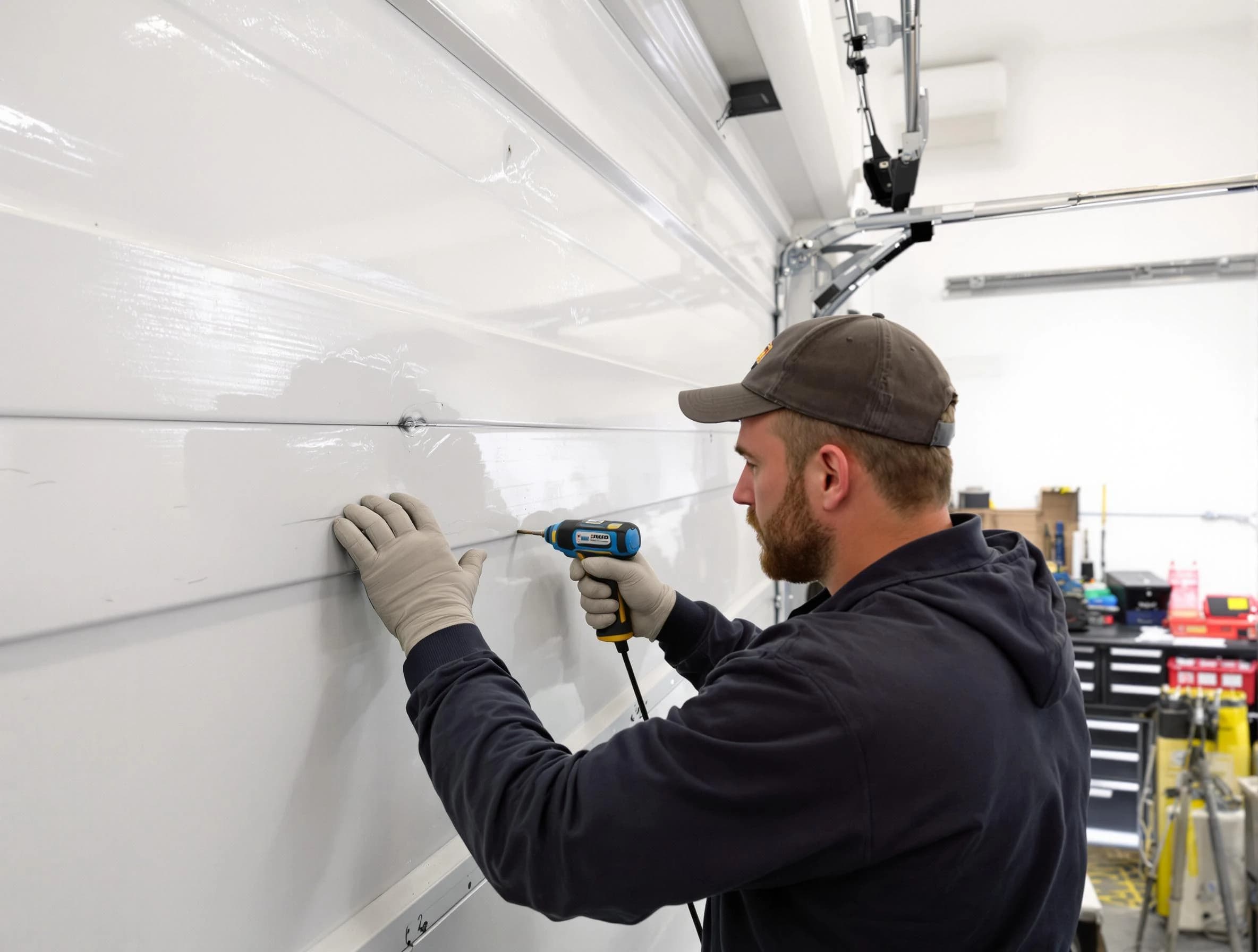 Mount Lebanon Garage Door Repair technician demonstrating precision dent removal techniques on a Mount Lebanon garage door